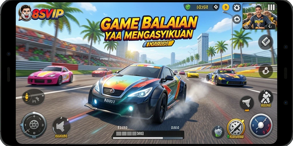 Screenshot gameplay 8SVIP yang menampilkan balapan seru di lintasan.