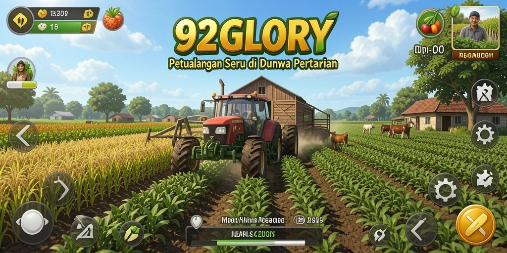Tampilan gameplay 92GLORY dengan ladang subur dan hewan ternak.
