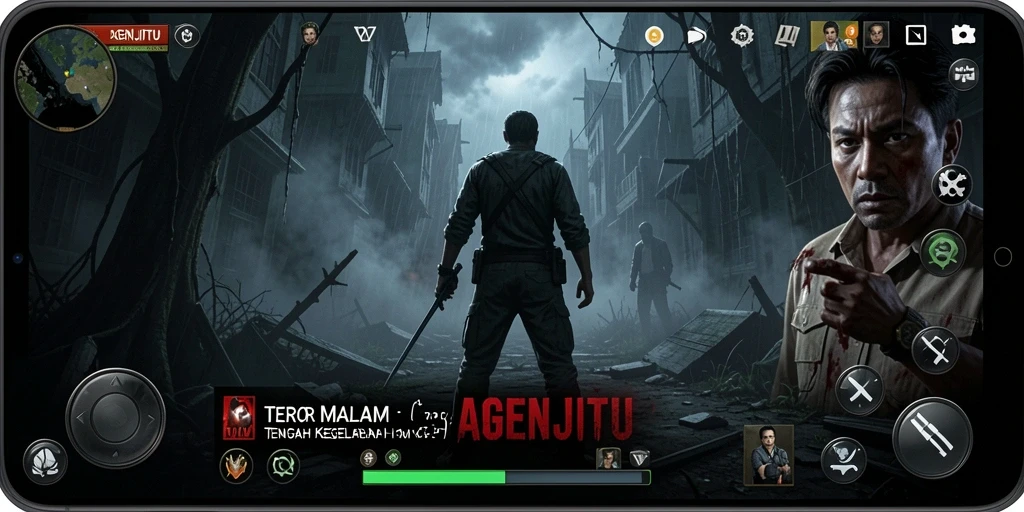Tangkapan layar menampilkan suasana mencekam dari AGENJITU dengan efek visual yang menyeramkan.