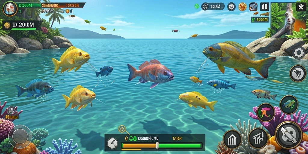 Screenshot gameplay D200M menampilkan aksi tembak ikan yang seru.