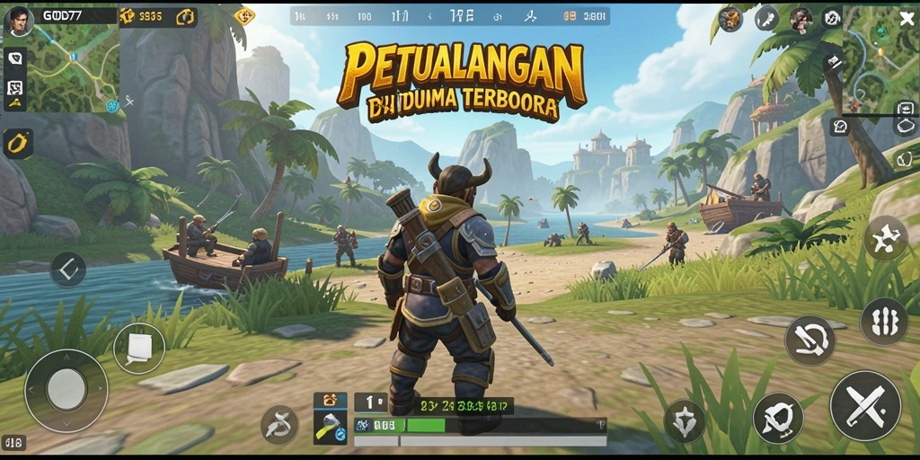 Screenshot menunjukkan pemain menjelajahi dunia terbuka yang indah.