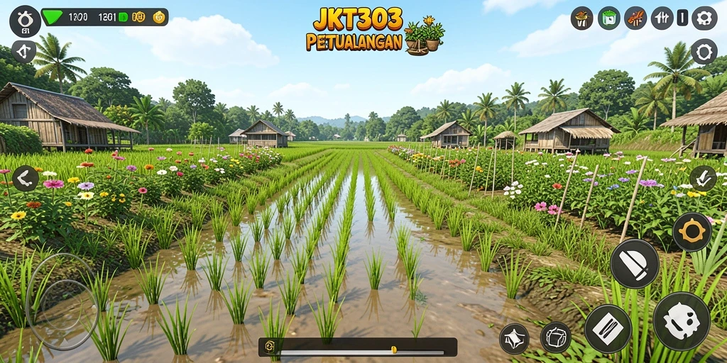 Screenshot utama JKT303 menunjukkan aktivitas berkebun yang seru.