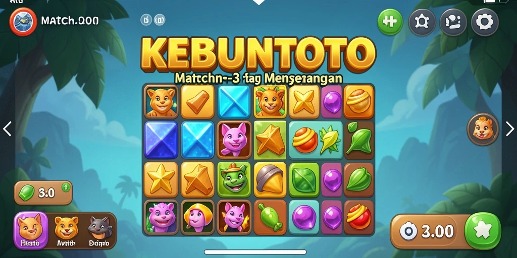 Screenshot KEBUNTOTO menampilkan gameplay Match-3 yang colorful.
