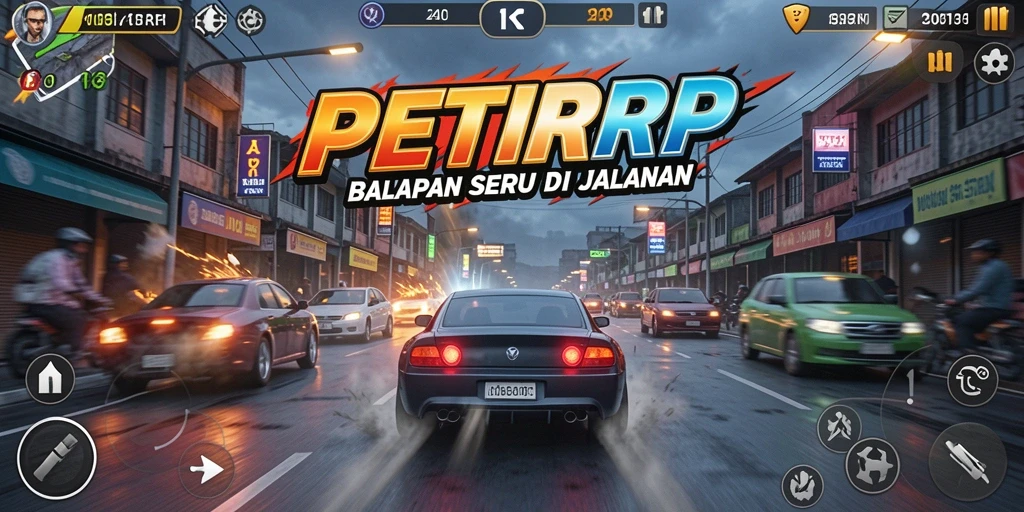 Tangkapan layar dari gameplay PETIRRP yang menampilkan balapan seru.